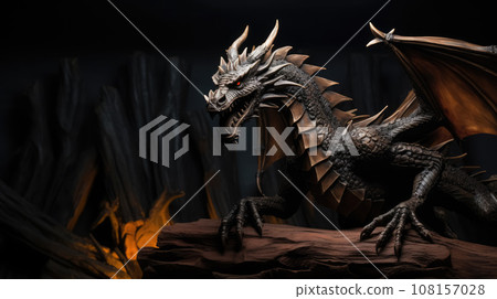 Giant wooden dragon sculpture on dark dramatic background. Dark skin and sharp thorns 108157028