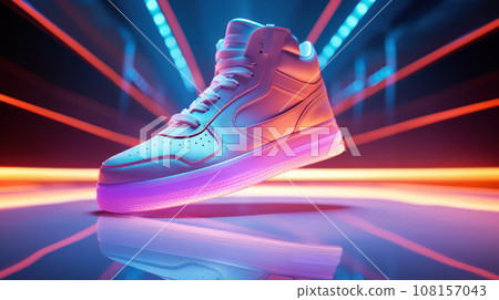Advertisiment shot, clean new white snackers as no brand mockup around neon light on colorful background Advertisiment shot, clean new white snackers as no brand mockup around neon light on colorful background 108157043