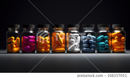Set of bottles and scattered colored pills in bottles on dark neutral black background 108157051