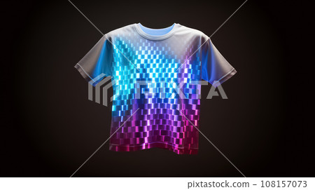Advertising shot of white t-shirt, illuminated with neon light, isolated on black background Advertising shot of white t-shirt, illuminated with neon light, isolated on black background 108157073