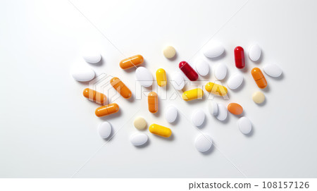 Colorful pills and capsules. Minimal medical concept. Flat lay, top view on light gray background 108157126