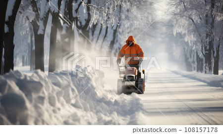 A man removes snow with a snow plow 108157178