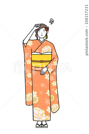 A woman in a long-sleeved kimono with her hand on her head in trouble, at a New Year's shrine visit, a coming-of-age ceremony, a graduation ceremony, a wedding, etc. 108157231