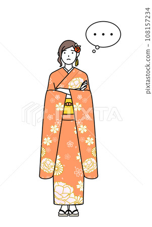 A woman in a long-sleeved kimono with her arms crossed, thinking at a New Year's shrine visit, a coming-of-age ceremony, a graduation ceremony, a wedding, etc. A woman in a long-sleeved kimono with her arms crossed, thinking at a New Year's shrine visit, a coming-of-age ceremony, a graduation ceremony, a wedding, etc. 108157234
