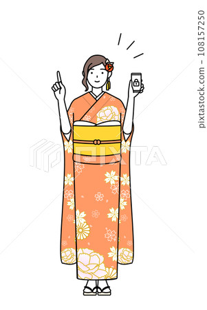 A woman in a long-sleeved kimono takes security measures for her smartphone, at New Year's shrine visits, coming-of-age ceremonies, graduation ceremonies, weddings, etc. 108157250