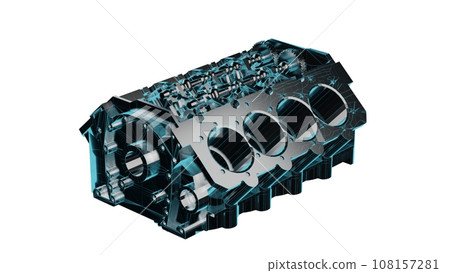 Close up detailed fully textured 3D render over white background of high tech car engine block assembled with steel cylinders casings, pistons, crankshaft and industry grade engineering parts Close up detailed fully textured 3D render over white background of high tech car engine block assembled with steel cylinders casings, pistons, crankshaft and industry grade engineering parts 108157281