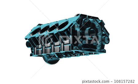 Close up fully textured realistic 3D render of top of the line car engine block assembled with titanium alloy cylinders casings, pistons, and other premium mechanical components, white background Close up fully textured realistic 3D render of top of the line car engine block assembled with titanium alloy cylinders casings, pistons, and other premium mechanical components, white background 108157282