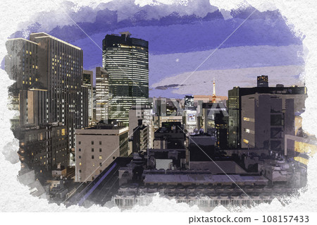 水彩畫風格，銀座，從 GSIX 眺望東京中央區銀座 7 丁目 108157433
