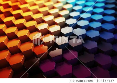 AI generation. Abstract metal background with hexagons in blue and orange colors. AI generation. Abstract metal background with hexagons in blue and orange colors. 108157537