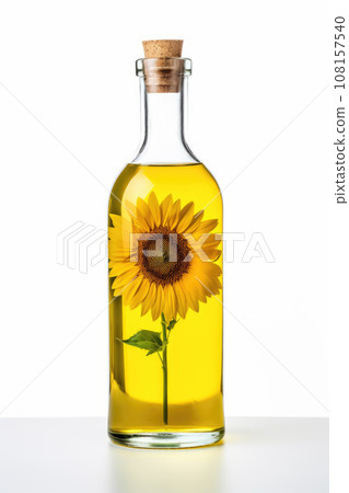 Ai generation. Delicious olive oil in a glass bottle and sunflower flower with leaves isolated on a white background. 108157540