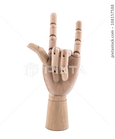 the gesture with a jointed wooden hand the gesture with a jointed wooden hand 108157588