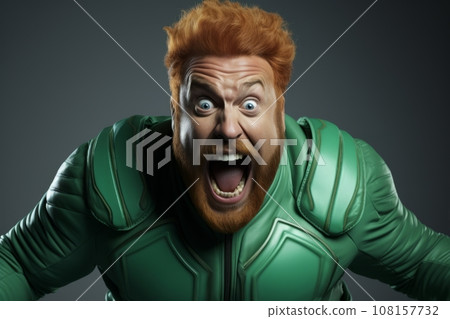 Comic portrait of a fat redhead bearded man in green superhero costume. The funny screaming dude portrays a powerful Irish Superman and ready to defeat any opponent. Black background, copy space. Comic portrait of a fat redhead bearded man in green superhero costume. The funny screaming dude portrays a powerful Irish Superman and ready to defeat any opponent. Black background, copy space. 108157732