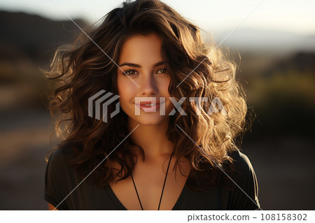 Portrait of a young woman with a beautiful happy woman on the seashore 108158302