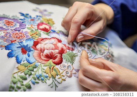 close-up of the hands of a master working on satin stitch embroidery.  108158311