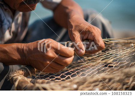 the worn-out hands of a man weaving a fishing net.  108158323