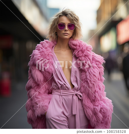 Street style clothing - fashionable young woman in an extravagant pink fur coat  108158328