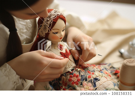 close-up of the hands of a master making a doll from fabric and cotton.  108158331