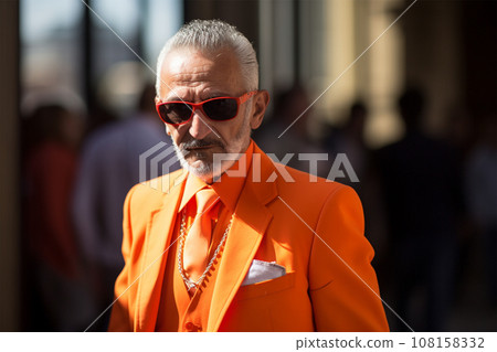 fashionable stylish senior man in a bright extravagant suit on the street.  108158332