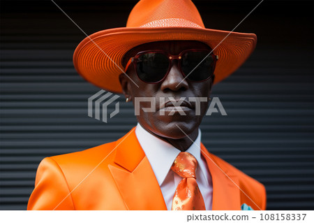 fashionable stylish senior man in a bright extravagant suit on the street.  fashionable stylish senior man in a bright extravagant suit on the street.  108158337
