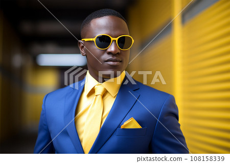 fashionable stylish senior man in a bright extravagant suit on the street.  108158339