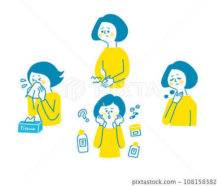 Set of women with allergy symptoms Set of women with allergy symptoms 108158382