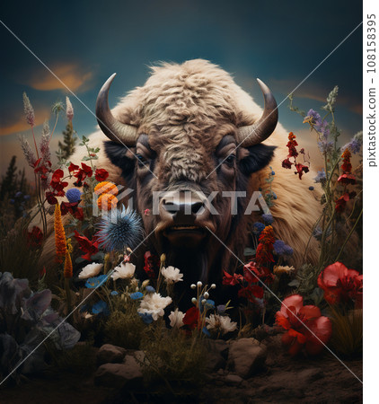 Image of a bison stands and beautiful flowers. Wildlife Animals. 108158395
