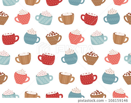 Seamless pattern with cups. Seamless background. Mugs with marshmallows, cream, chocolate, cinnamon sticks. Cups with hot drinks. Cups with ornaments great for wrapping, fabric, textiles, wallpaper 108159146
