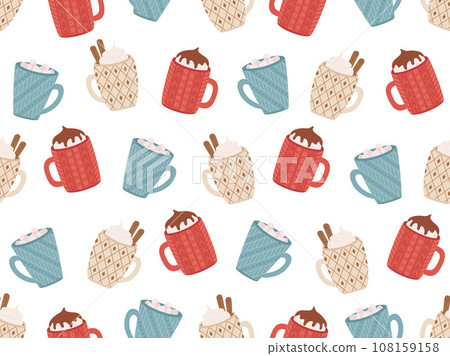 Seamless pattern with cups. Seamless background. Mugs with marshmallows, cream, chocolate, candy cane, cinnamon sticks. Cups with hot drinks. great for wrapping, fabric, textiles, wallpaper Seamless pattern with cups. Seamless background. Mugs with marshmallows, cream, chocolate, candy cane, cinnamon sticks. Cups with hot drinks. great for wrapping, fabric, textiles, wallpaper 108159158