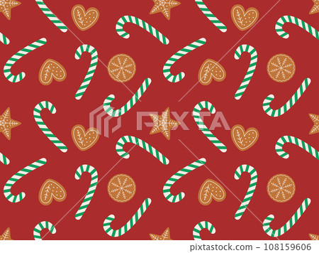 Seamless Pattern with Gingerbreads and Candy cane. Seamless background. Christmas print. Great for wrapping, fabric, textiles, wallpaper. Vector illustration 108159606