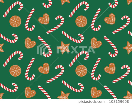 Seamless Pattern with Gingerbreads and Candy cane. Seamless background. Christmas print. Great for wrapping, fabric, textiles, wallpaper. Vector illustration Seamless Pattern with Gingerbreads and Candy cane. Seamless background. Christmas print. Great for wrapping, fabric, textiles, wallpaper. Vector illustration 108159608
