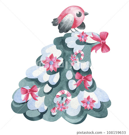 Christmas tree decorated for the holiday on a white background. Watercolor illustration of a fir tree with a red bow, candies, lollipop and snow, hand drawn. sketch for Christmas card, logo, label Christmas tree decorated for the holiday on a white background. Watercolor illustration of a fir tree with a red bow, candies, lollipop and snow, hand drawn. sketch for Christmas card, logo, label 108159633