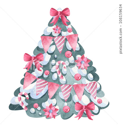 Christmas tree decorated for the holiday on a white background. Watercolor illustration of a fir tree with a red bow, candies, lollipop and snow, hand drawn. sketch for Christmas card, logo, label 108159634