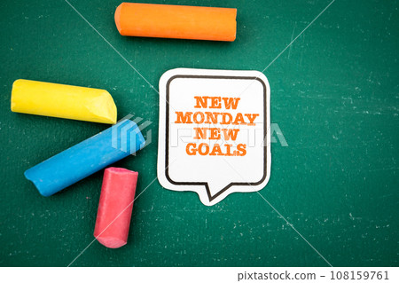 NEW MONDAY NEW GOALS. Speech bubble on a green chalkboard background 108159761