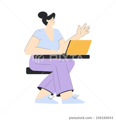 Business with Young Woman Character Sitting at Laptop Vector Illustration 108160043