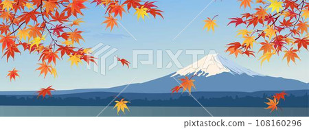 Autumn branches on the background of Mount Fuji. Mid-autumn is the time of leaf fall. The red leaves of the Japanese maple fall off, fluttering in the wind. Vector illustration. Autumn branches on the background of Mount Fuji. Mid-autumn is the time of leaf fall. The red leaves of the Japanese maple fall off, fluttering in the wind. Vector illustration. 108160296
