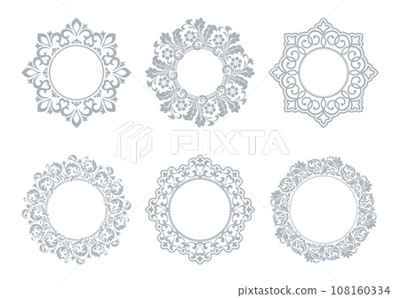 Set of decorative frames Elegant vector element for design in Eastern style, place for text. Floral gray and white borders. Lace illustration for invitations and greeting cards Set of decorative frames Elegant vector element for design in Eastern style, place for text. Floral gray and white borders. Lace illustration for invitations and greeting cards 108160334