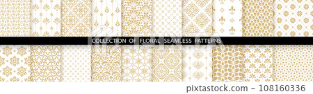 Geometric floral set of seamless patterns. White and gold vector backgrounds. Damask graphic ornaments Geometric floral set of seamless patterns. White and gold vector backgrounds. Damask graphic ornaments 108160336
