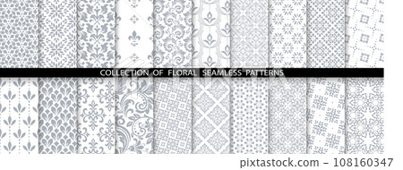 Geometric floral set of seamless patterns. White and gray vector backgrounds. Damask graphic ornaments 108160347
