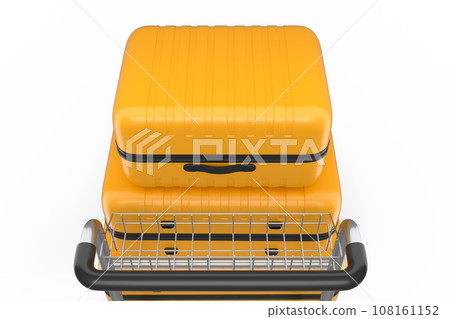 Regular suitcase on hotel trolley cart for carrying baggage on white background 108161152