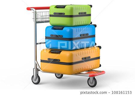 Regular suitcase on hotel trolley cart for carrying baggage on white background Regular suitcase on hotel trolley cart for carrying baggage on white background 108161153
