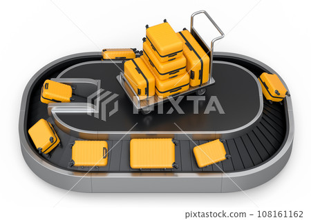 Airport luggage conveyor belt or baggage claim area with suitcases on white. 108161162