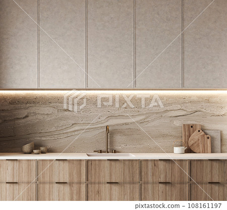 Contemporary kitchen design emphasizing neutral tones, natural wood, and sublime marble textures. 3d rendering. High quality 3d illustration Contemporary kitchen design emphasizing neutral tones, natural wood, and sublime marble textures. 3d rendering. High quality 3d illustration 108161197