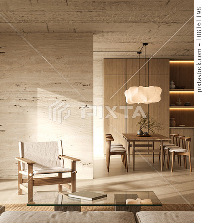 Tranquil livingroom interior design showcasing a minimalist aesthetic. 3d rendering. High quality 3d illustration. 108161198