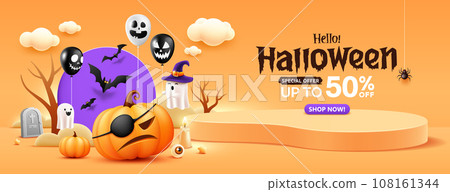 Happy Halloween sale, orange podium 3D, pumpkins close one eye, candle and bat flying, trees, spider web, banner design on orange background Happy Halloween sale, orange podium 3D, pumpkins close one eye, candle and bat flying, trees, spider web, banner design on orange background 108161344