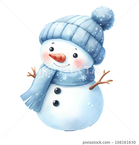 Watercolor snowman with hat and scarf isolated on white background. 108161630