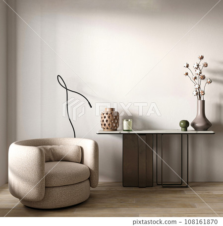 The beauty of nordic interior design shines in this hallway. Modern furniture paired with rustic elements. 3d rendering. High quality 3d illustration. 108161870