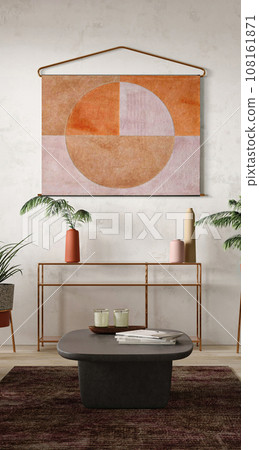 Bohemian stylish living room enriched with natural light, featuring a statement art piece and delicate plants. 3d rendering. High quality 3d illustration. 108161871