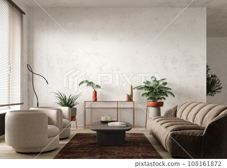 Cozy living room with modern furniture and a minimalist approach, creating a tranquil sanctuary. 3d rendering. High quality 3d illustration 108161872