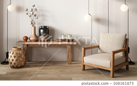 A contemporary take on hallway interior design, emphasizing wood and artisanal details. 3d rendering. High quality 3d illustration 108161873