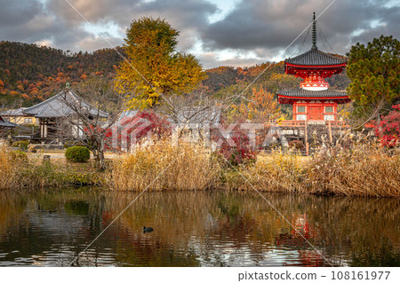 大覺寺門蹟的秋天,大澤池和北條池的水鏡倒映著神橋寶塔 大覺寺門蹟的秋天,大澤池和北條池的水鏡倒映著神橋寶塔 108161977